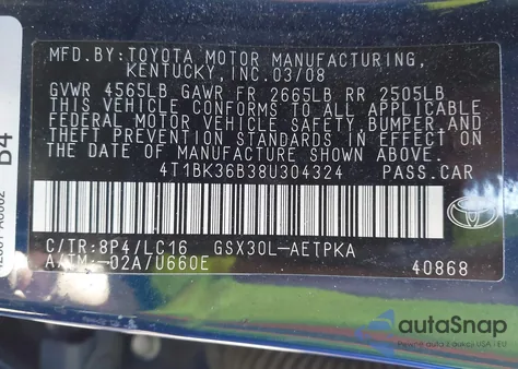 2008 Toyota Avalon Limited from USA, damaged, VIN 4T1BK36B38U304324